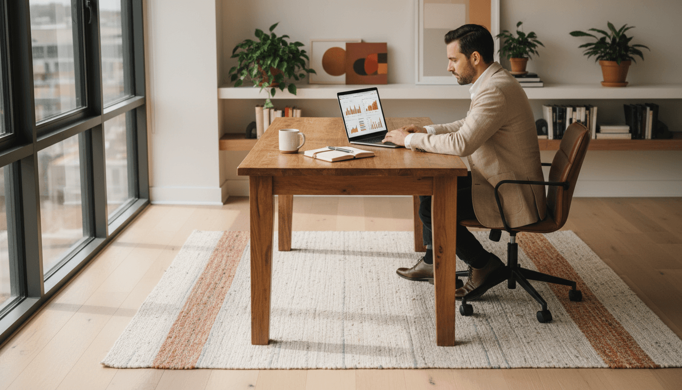 Business owner working on laptop in a modern Sofia office with natural light