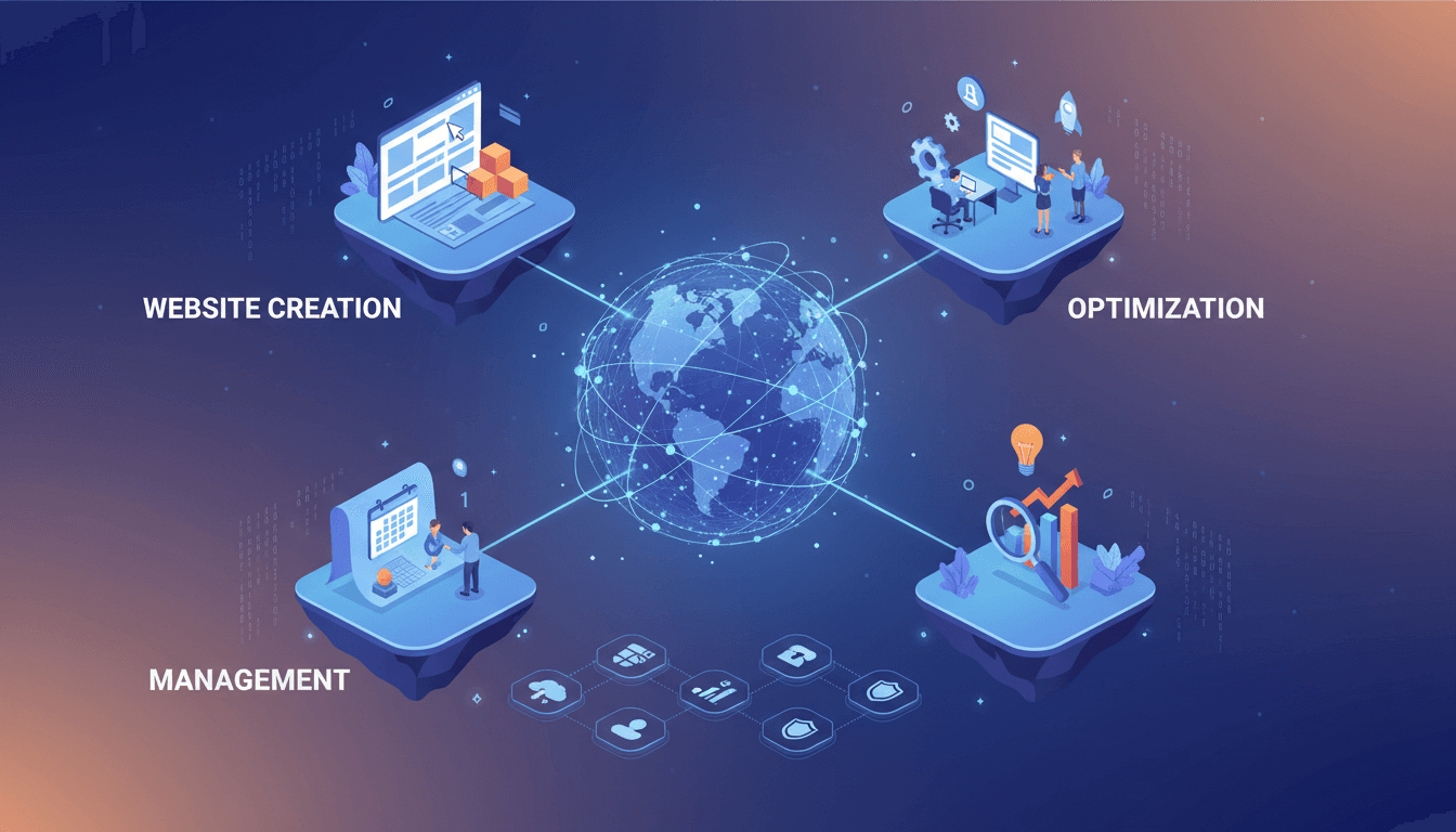 Digital services illustration, website creation and optimization tools depicted.