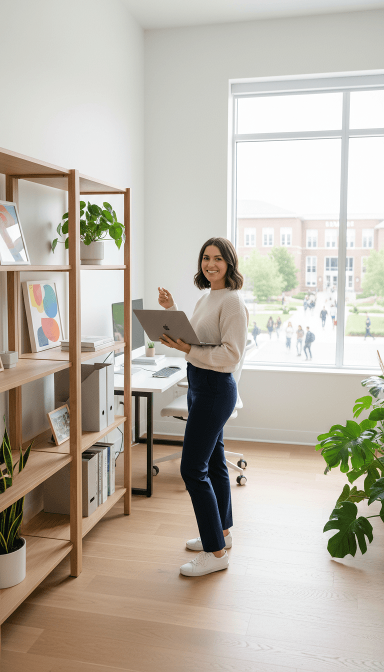 Female web developer in bright office holding laptop with college campus visible through large window behind her